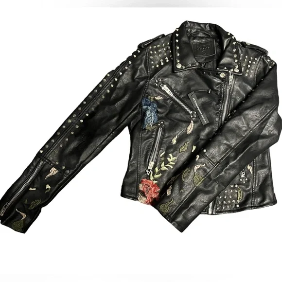 BLANK NYC Floral Embroidered Studded Faux Leather Moto Jacket Sz Small NWT - Picture 2 of 3